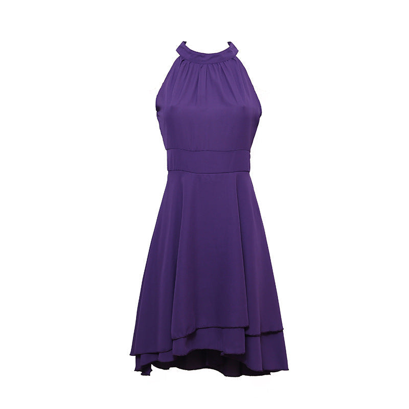 Dames feestjurk: mouwloze chiffon midi halterjurk, elegant en slim fit, ideaal voor een speciale zomerse gelegenheid.