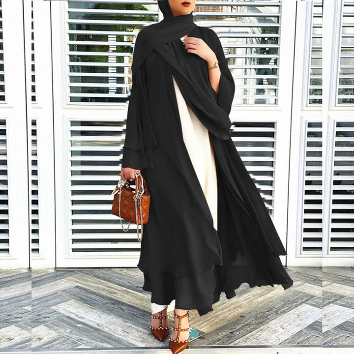 Hoogwaardige dames Open Abaya Amina & hoofddoek set, essentieel voor comfortabele en stijlvolle modest fashion.