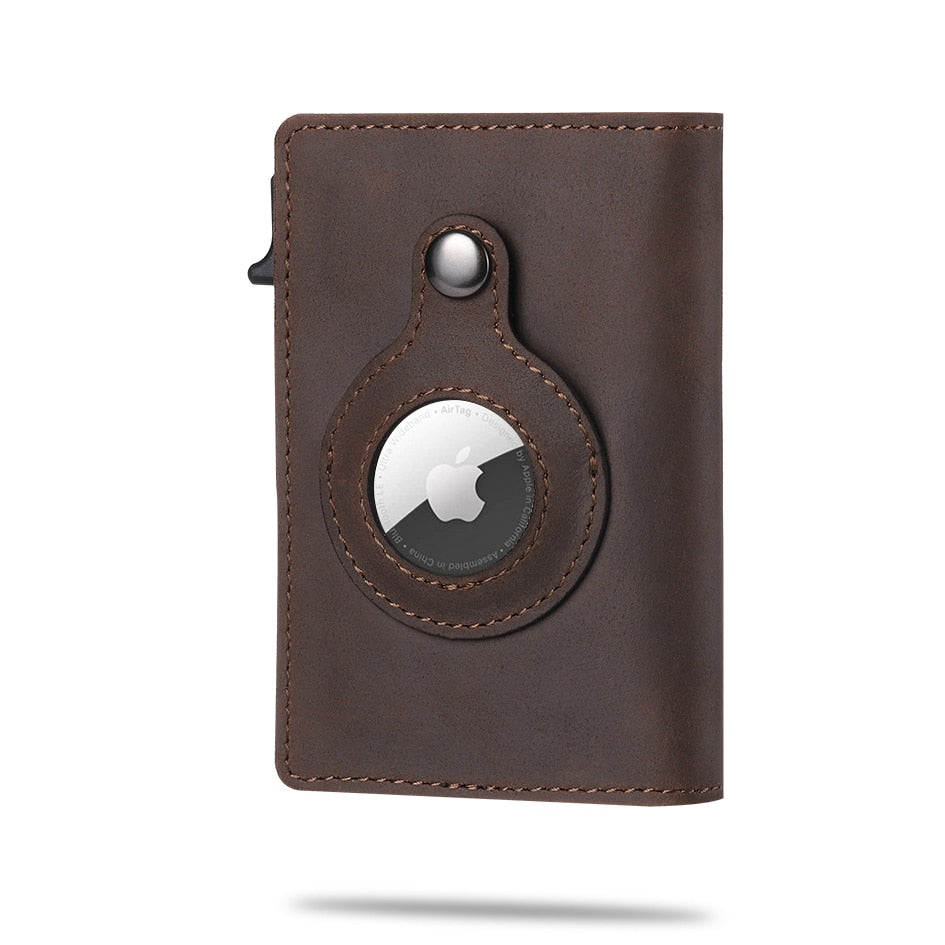 Open AirTag portemonnee toont creditcardhouders en biljettenruimte, slim design en anti-diefstal.
