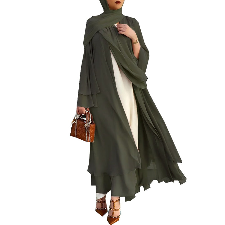 Dames Open Abaya Amina met wijde mouwen & hoofddoek set, een elegante modest fashion kleding set.