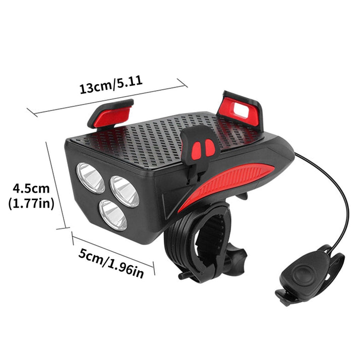 Compacte 4-in-1 fietsgadget: LED fietslamp, powerbank, telefoonhouder & claxon. Schokbestendig ontwerp.