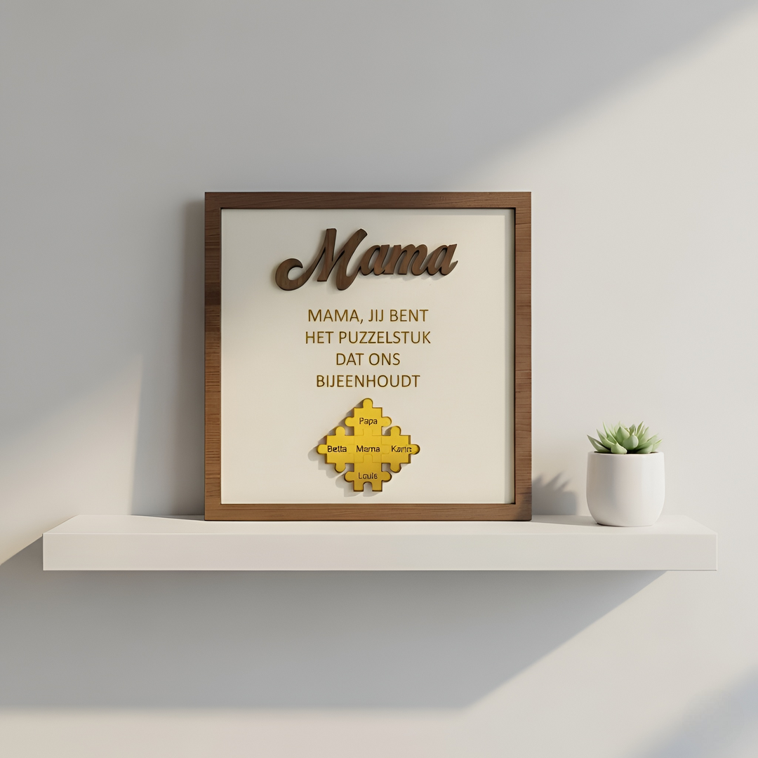 Houten familie puzzel met uitneembare figuren, symbool voor liefde en verbondenheid. Gepersonaliseerd aandenken.