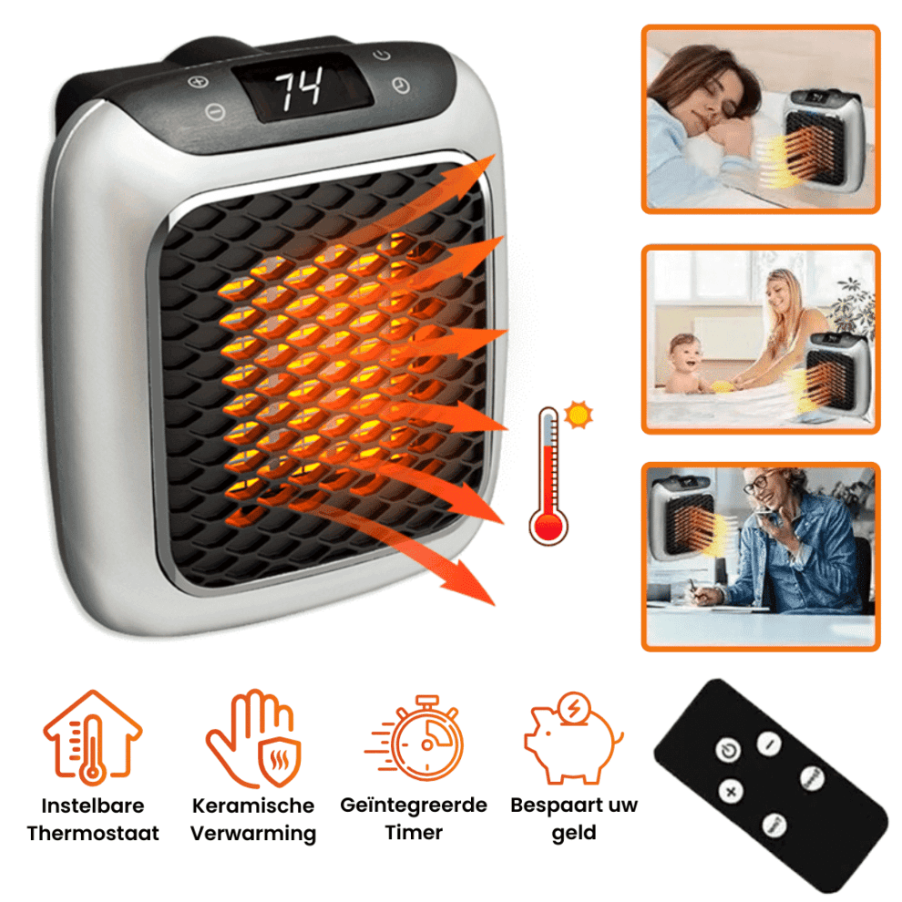 Compacte draagbare mini verwarmer met afstandsbediening, ideaal voor energiezuinige bijverwarming thuis of kantoor.