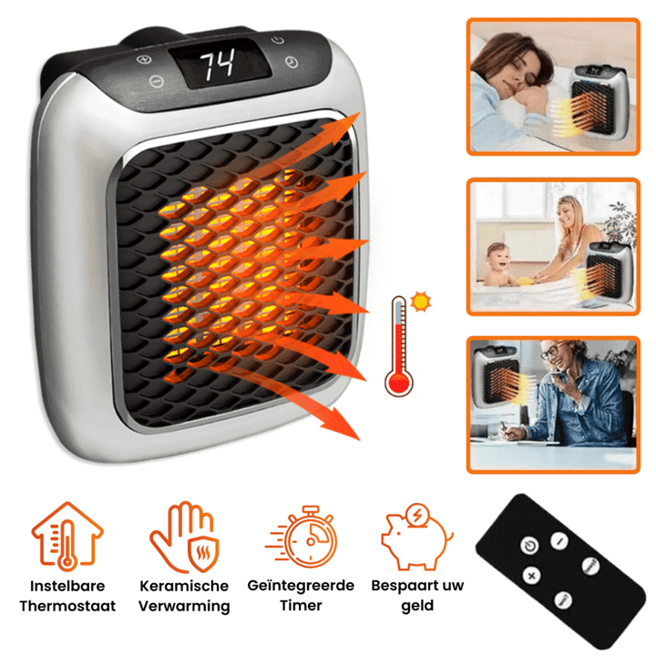Compacte draagbare mini verwarmer met afstandsbediening, ideaal voor energiezuinige bijverwarming thuis of kantoor.