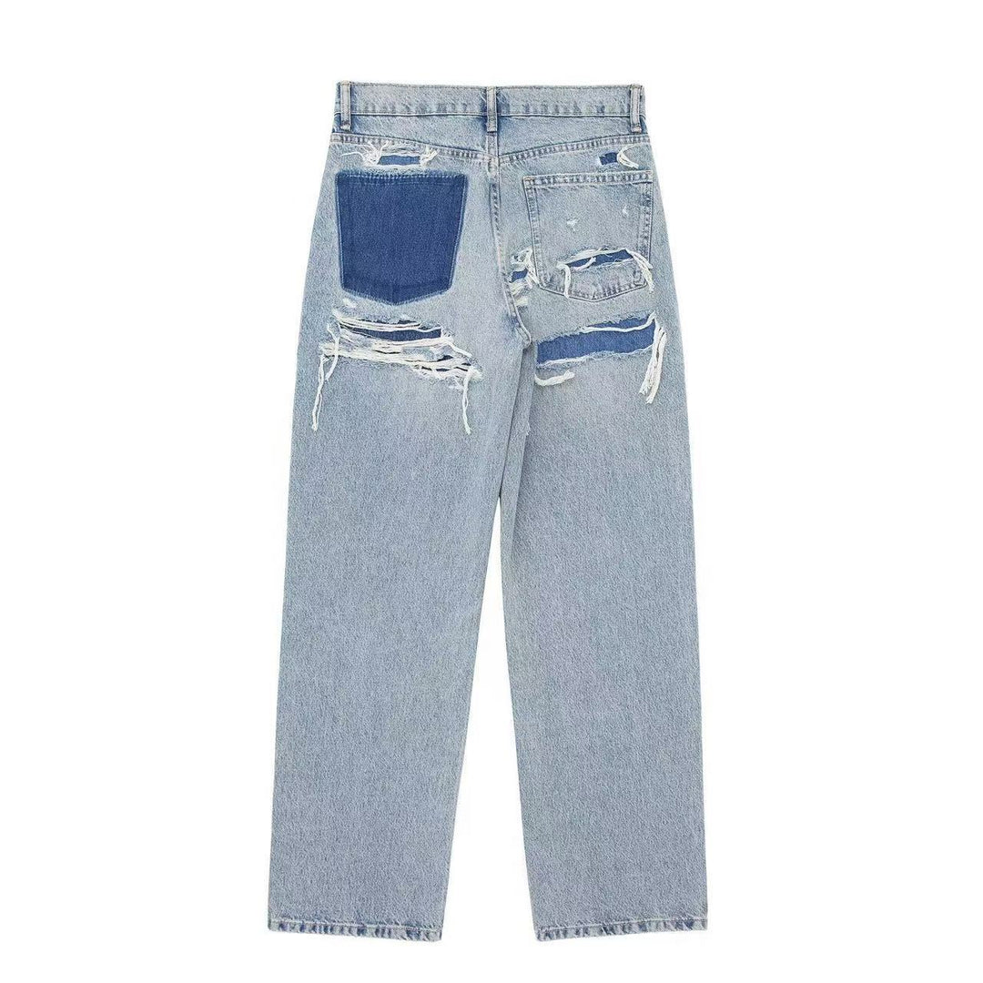 Stijlvolle dames rechte jeans, vintage look, blauwgrijs denim met trendy scheuren, comfortabele straight leg pasvorm.
