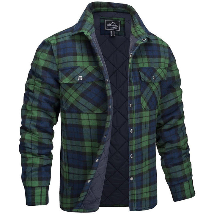 Close-up van de geruite herenjas, toont de zachte stof en warme textuur. Comfortabele bovenkleding.