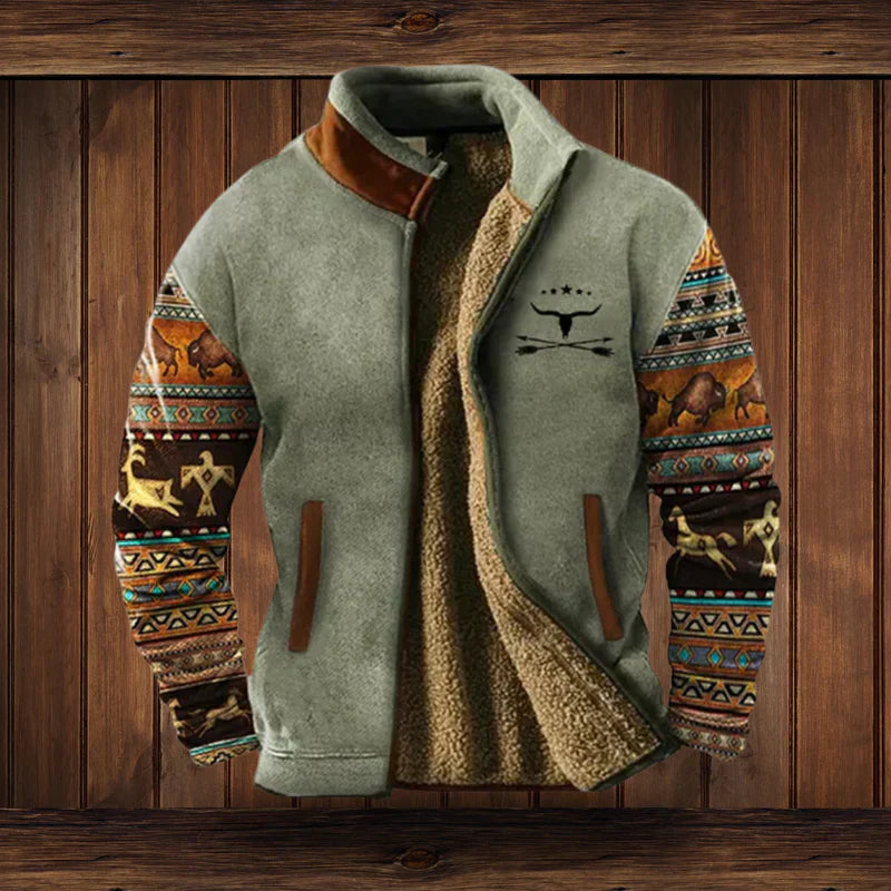 Stijlvolle heren winterjas met unieke western patroonmouwen. Perfect voor koude dagen; stoer en warm.