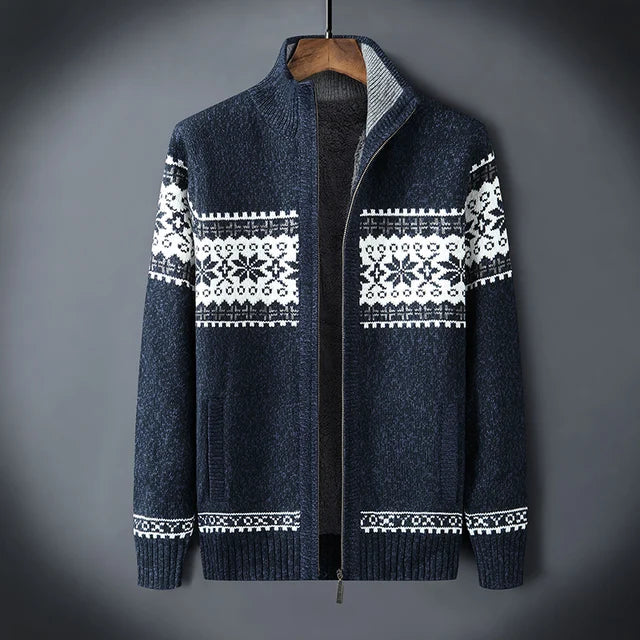 Comfortabel heren vest van jacquard stof met uniek winterpatroon en hoge kraag voor extra warmte.