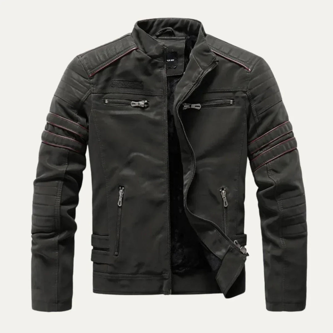 Zwart heren motorjas, casual look met opstaande kraag. Comfortabel en stoer herfstjack.