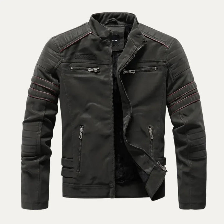 Zwart heren motorjas, casual look met opstaande kraag. Comfortabel en stoer herfstjack.