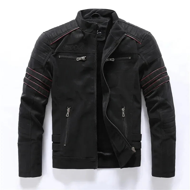 Comfortabel warm herenjack, stoere motorjas look met opstaande kraag. Essentiële mode voor de kou.