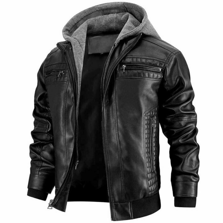 Stoer heren motorjack met capuchon en rits, ideaal voor lente/herfst. Veelzijdig en comfortabel.
