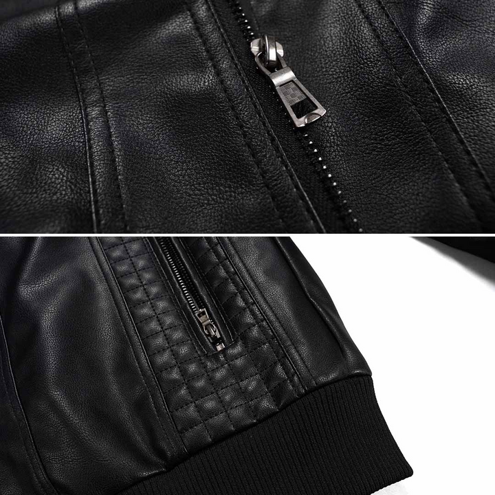 Dichtbij shot van stoer heren motorjack; toont de capuchon, rits en textuur, perfect voor casual look.