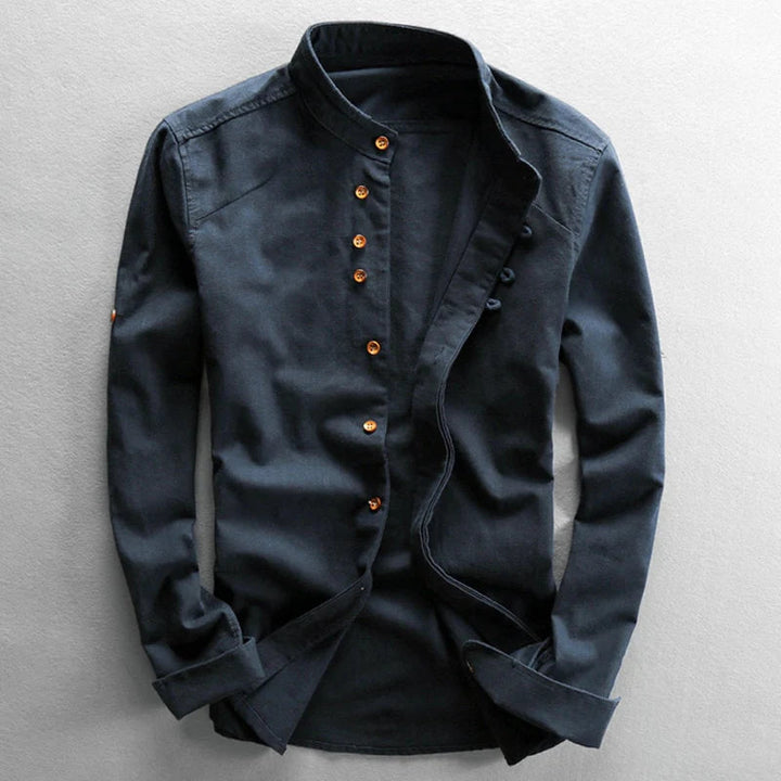 Herenoverhemd in Japanse stijl met comfortabele Henleykraag, ideaal voor een stijlvolle casual of formele look.