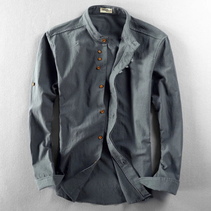 Stijlvol heren overhemd met Henleykraag, Japanse invloeden en lange mouwen. Ideaal voor herfst en lente.