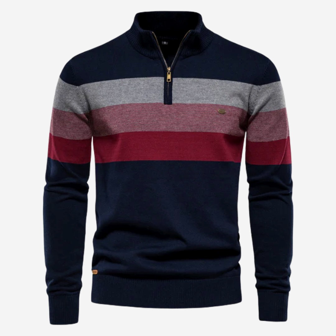 Comfortabele heren strepen trui met lange mouwen, rits en kraagje. Casual retro mode voor mannen.
