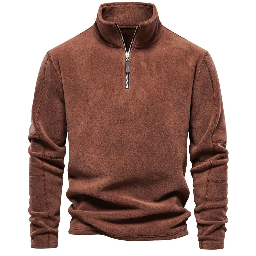 Zachte grijze heren fleece pullover met halve rits, perfect voor casual winterdagen. Warm en comfortabel.