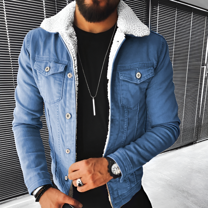 Stijlvolle zwarte heren spijkerjas met zachte fleece bontvoering, warme casual denim winterjas.