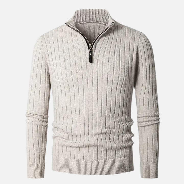 Stijlvolle heren half-zip trui met verfijnde ribdetails; perfecte casual bovenkleding voor mannen.