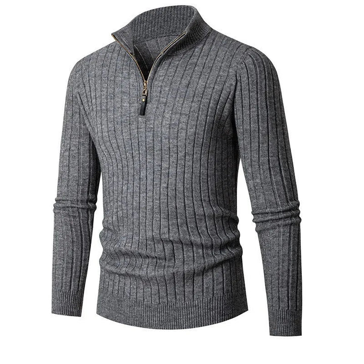 Detailweergave van de half-zip sluiting en ribdetails op de heren sweater; hoge kwaliteit.