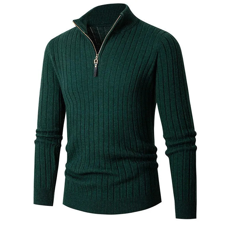 Elegante heren half-zip sweater met subtiele ribdetails; duurzame en comfortabele bovenkleding.