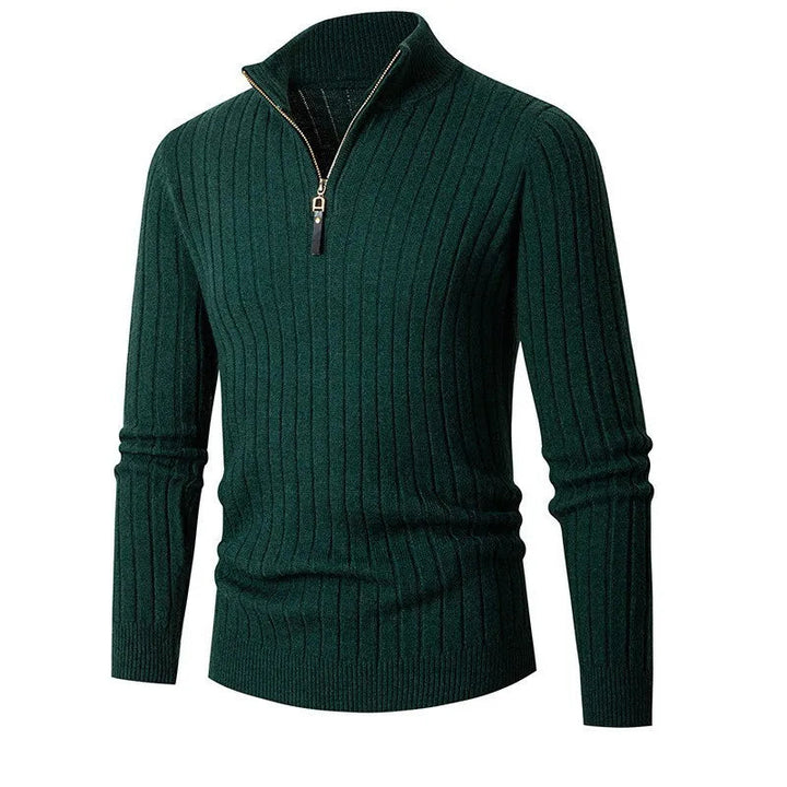 Elegante heren half-zip sweater met subtiele ribdetails; duurzame en comfortabele bovenkleding.