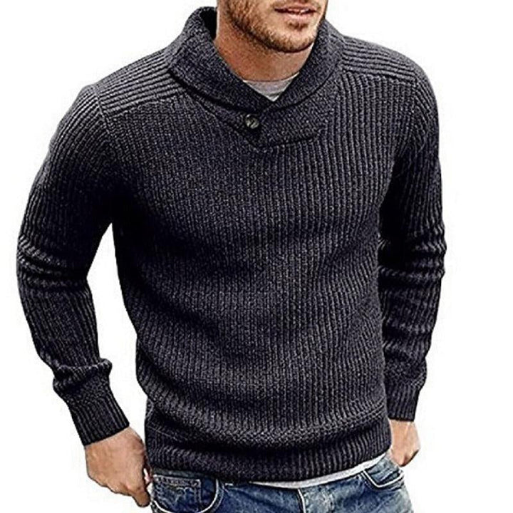 Detail van de heren kabeltrui: zacht gebreide stof en sjaalkraag, voor casual comfort en warmte.