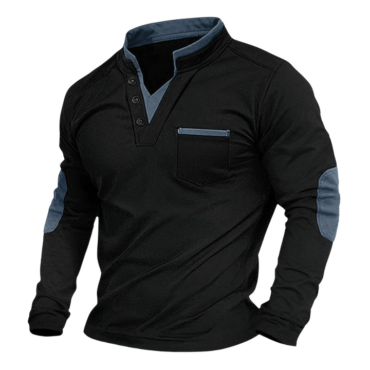 Modern heren sweatshirt met V-hals en elleboogpatches, een comfortabele en stijlvolle keuze voor mannen.