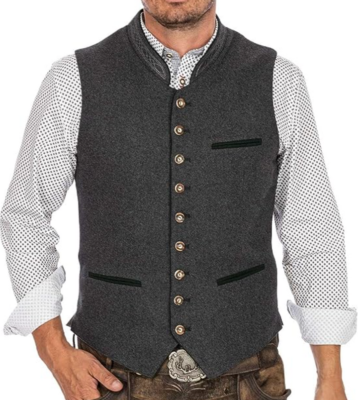 Stijlvol grijs heren gilet met klassieke kraag, perfect voor een formele of casual chic gelaagde look.