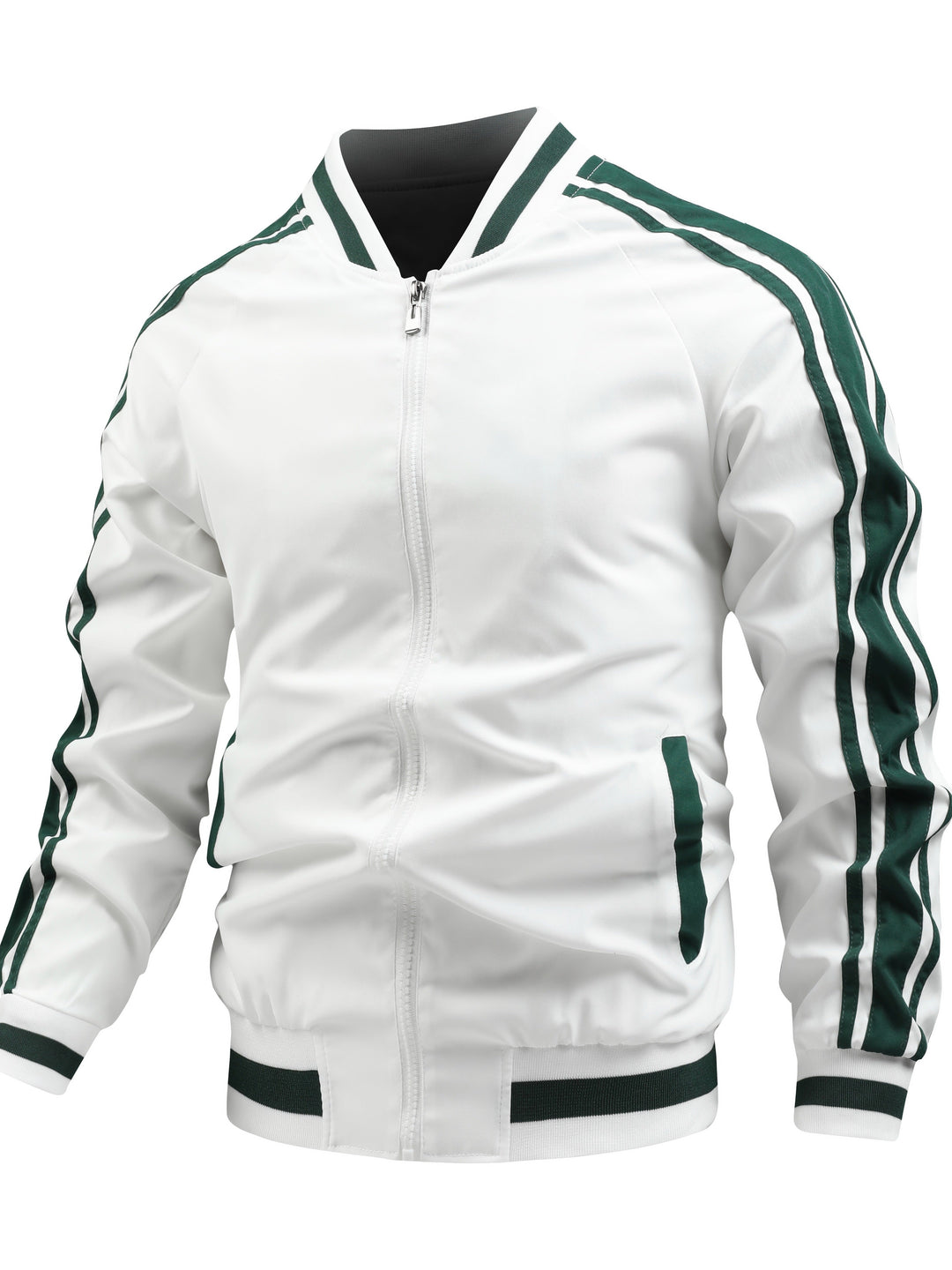 Stijlvol heren bomberjack met vintage retro strepen en ritssluiting, perfect voor een moderne casual outfit.
