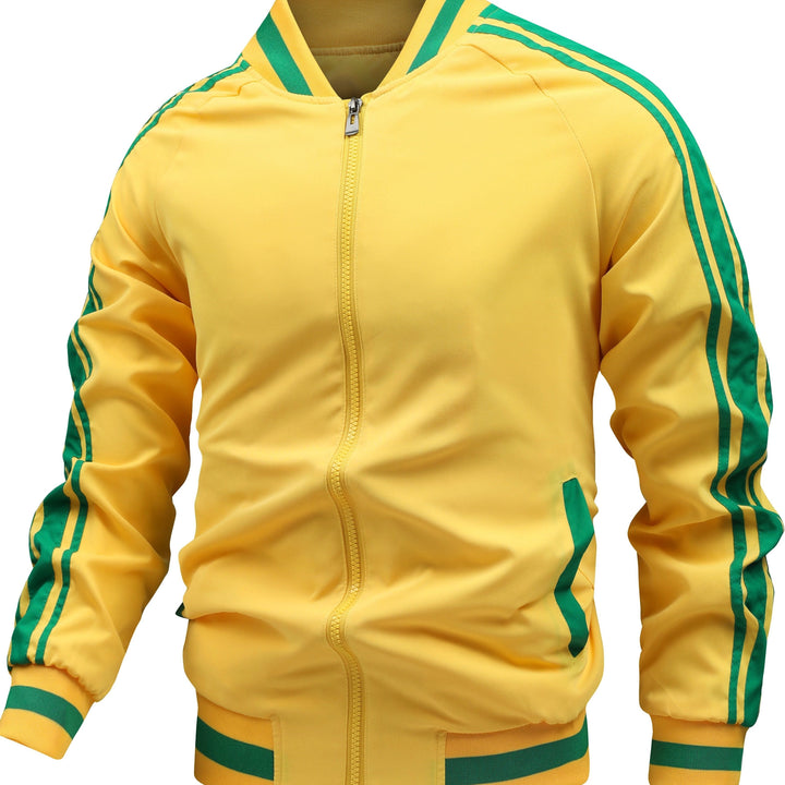 Vintage geïnspireerd heren bomberjack met retro strepen en rits, een tijdloze en sportieve keuze voor mannen.