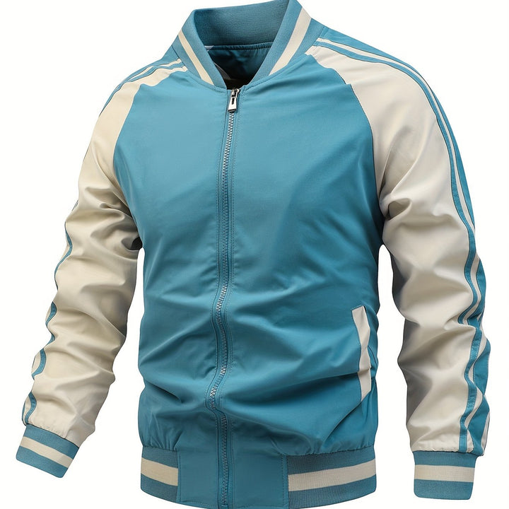 Comfortabel heren bomberjack, sportief met rits en retro strepen, ideaal voor een relaxte, stijlvolle look.