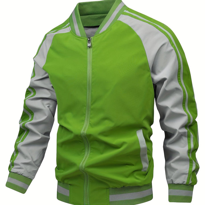 Stijlvol heren retro bomberjack met rits, sportieve strepen en comfortabel materiaal, perfect voor streetwear.