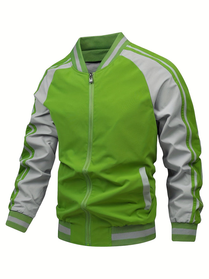 Sportief heren trainingsjack met ritssluiting en retro strepen, comfortabel en trendy voor dagelijks gebruik.