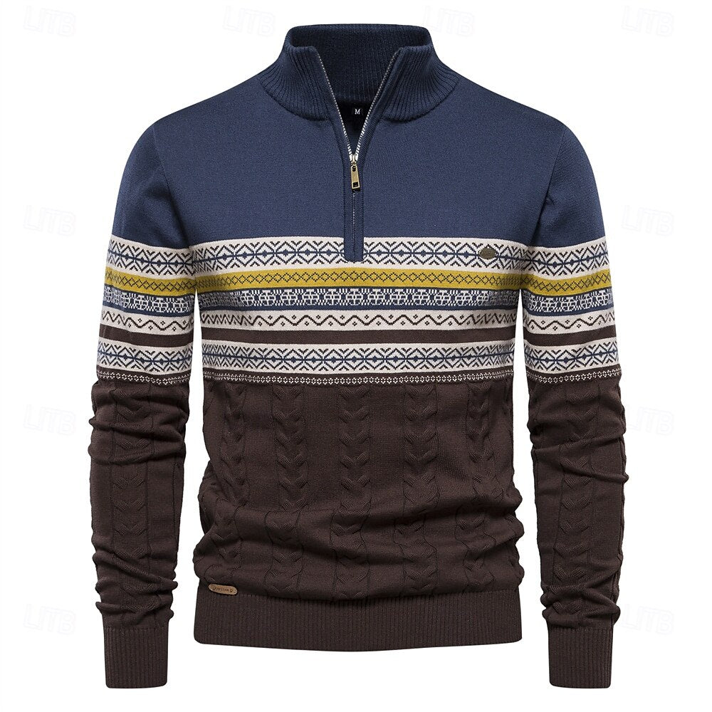 Elegante heren ribgebreide trui, slim fit, met halve rits. Biedt warmte en stijl voor winterse dagen.