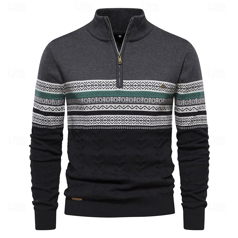 Slim fit heren trui met trendy halve rits. Comfortabel en elegant, essentieel voor herfst- en wintergarderobe.