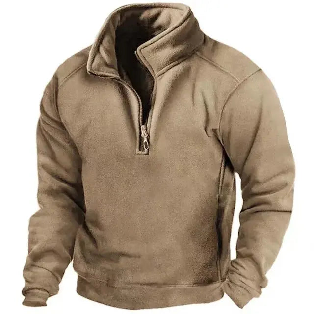 Comfortabele mannen outdoor trui met half zip en hoge kraag, ideaal voor warmte en dagelijks gebruik.
