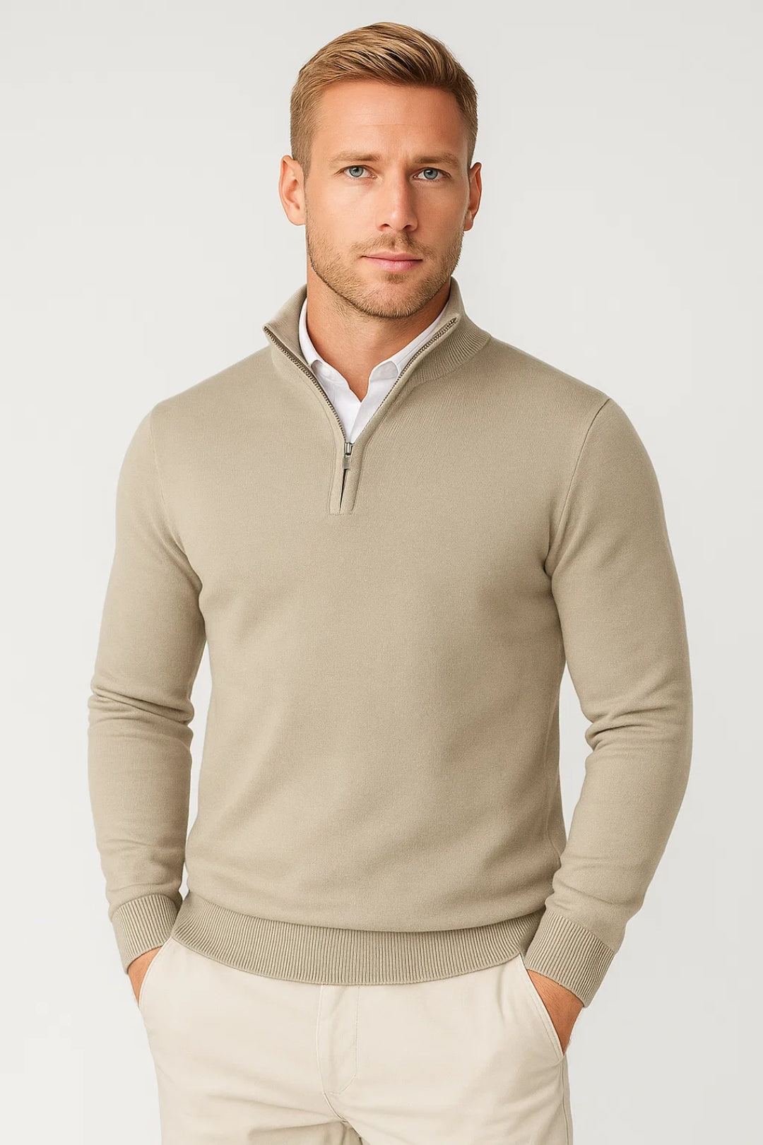 Warme heren winter trui met half zip en ritskraag, ideaal voor koude dagen en herfstmode, in een effen kleur.