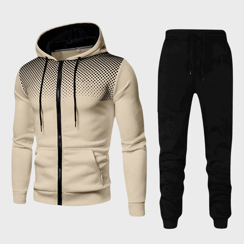 Hoymans PowerTrack heren trainingspak met capuchon, een stijlvolle casual set van polyester katoen voor optimaal comfort.