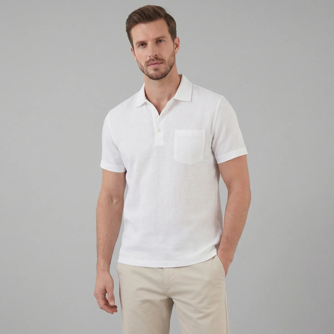 Comfortabel heren polo shirt met korte mouwen en borstzak, button-neck, geschikt voor lente en zomer.