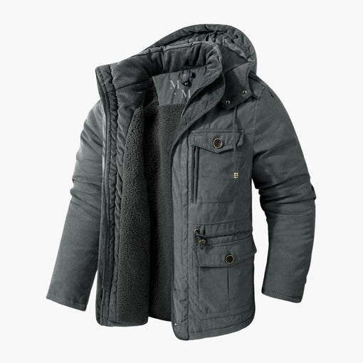 Stijlvolle, warme heren winterjas met capuchon in casual design. Perfect voor koude dagen.