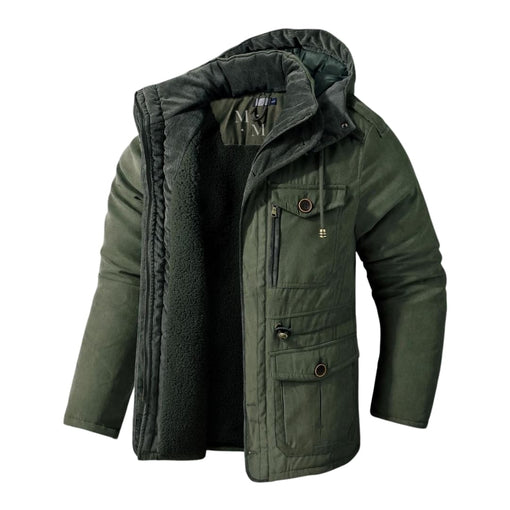 Moderne blauwe heren winterjas met capuchon en gevoerde buitenlaag voor comfort en stijl.