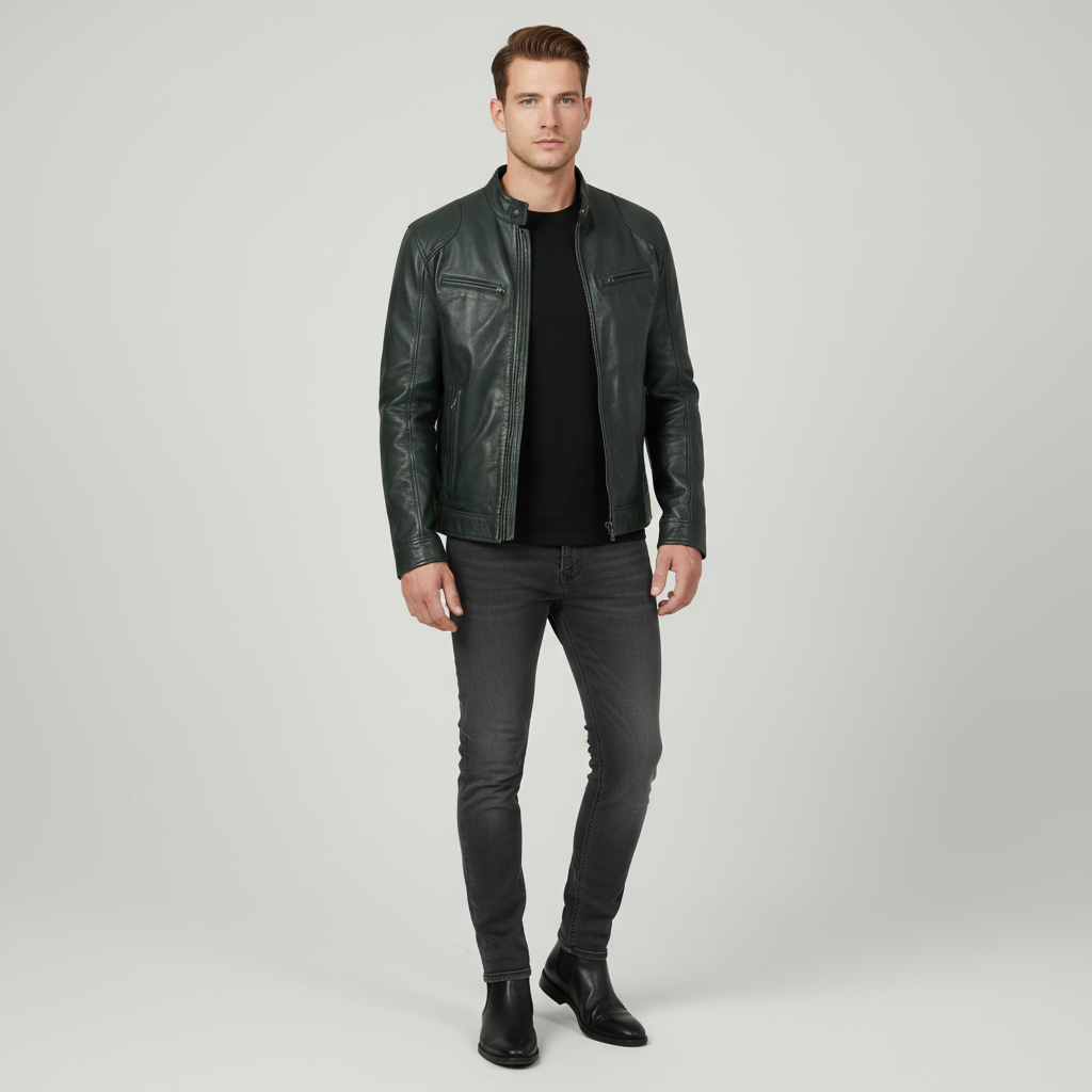 Zijaanzicht van de elegante leren heren spencer jas, slank model, met subtiele details en een verfijnde afwerking.