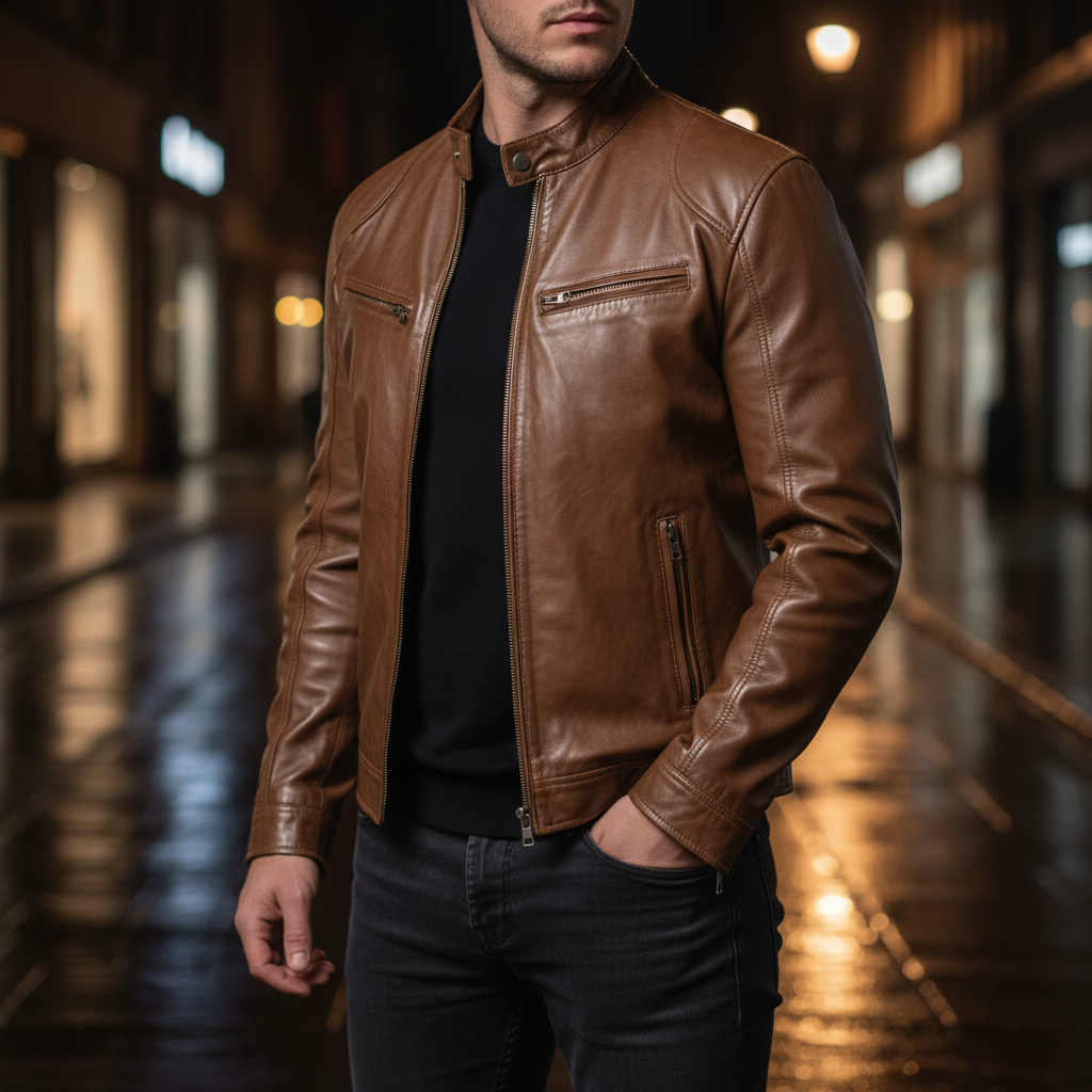 Heren leren spencer jas, slank model, ritssluiting. Stijlvolle en tijdloze bovenkleding voor een elegante herenlook.