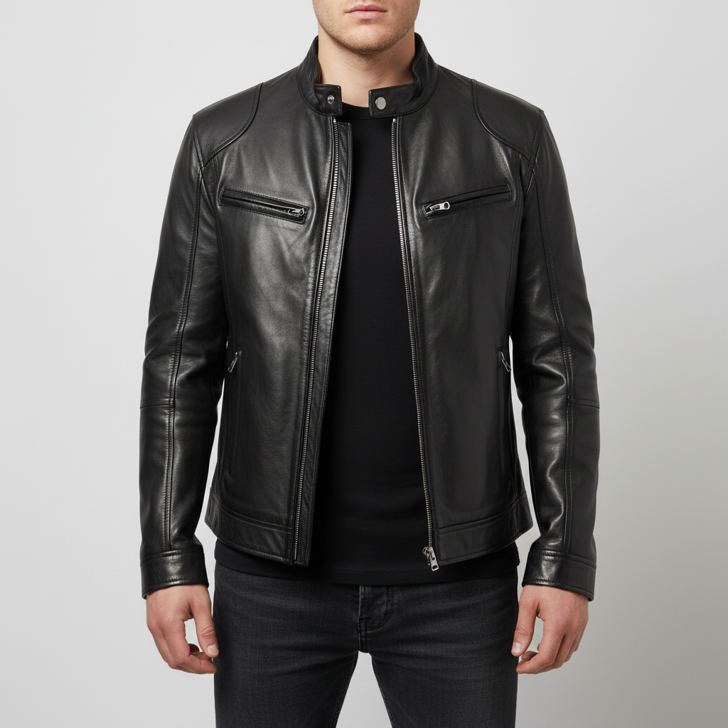 Achterkant van de leren heren spencer jas, slank model, met nette naden en een comfortabele pasvorm voor heren.