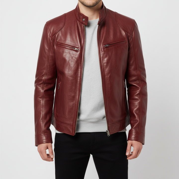 Zwarte leren heren spencer jas, slank model, met ritssluiting. Een veelzijdige en tijdloze toevoeging aan elke garderobe.
