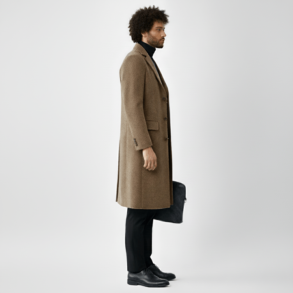 Zwarte herenmantel Phoenix, een modieuze jas met knopen. Veelzijdige bovenkleding voor mannen.