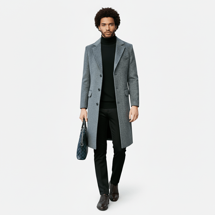 Herenmantel Phoenix in donkere kleur, geschikt voor zakelijk en casual. Knoopsluiting.