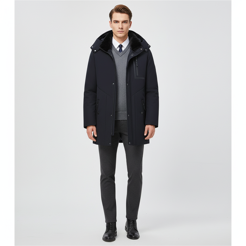 Donkerblauwe herenparka met afneembare capuchon, perfect als warme en stijlvolle winterjas.