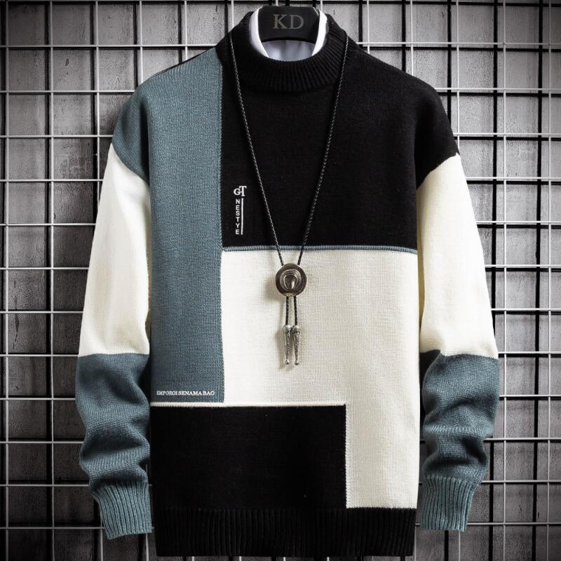 Heren patchwork pullover; unieke warme sweater voor mannen met een comfortabele pasvorm.